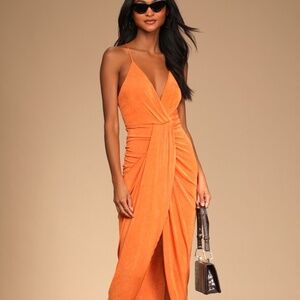 NWT Lulus Dreamy Date Orange Surplice Midi Dress - Size XS